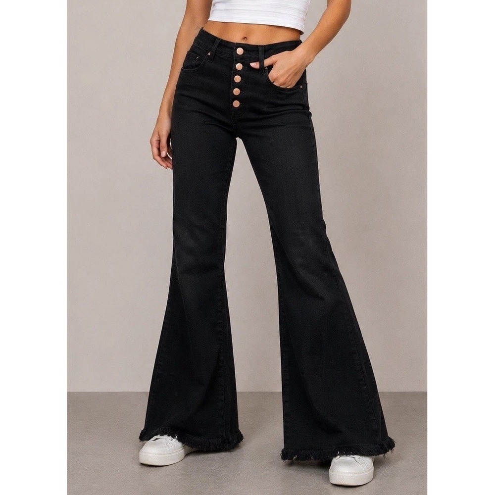 Vibrant Flare Jeans Womens 13 Black Bell Bottom Frayed Hem Distressed 30x33 USA